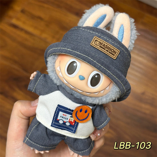 【Cowboy】Clothes for Labubu(NO Doll), Overalls Set for Labubu Clothes 15cm/17cm Doll Accessories Suit, Doll Outfit Stylish Doll Clothes for Doll(grey)