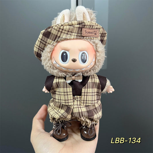 【GridRelax】Clothes for Labubu(NO Doll), Overalls Set for Labubu Clothes 15cm/17cm Doll Accessories Suit, Doll Outfit Stylish Doll Clothes for Doll(grey)